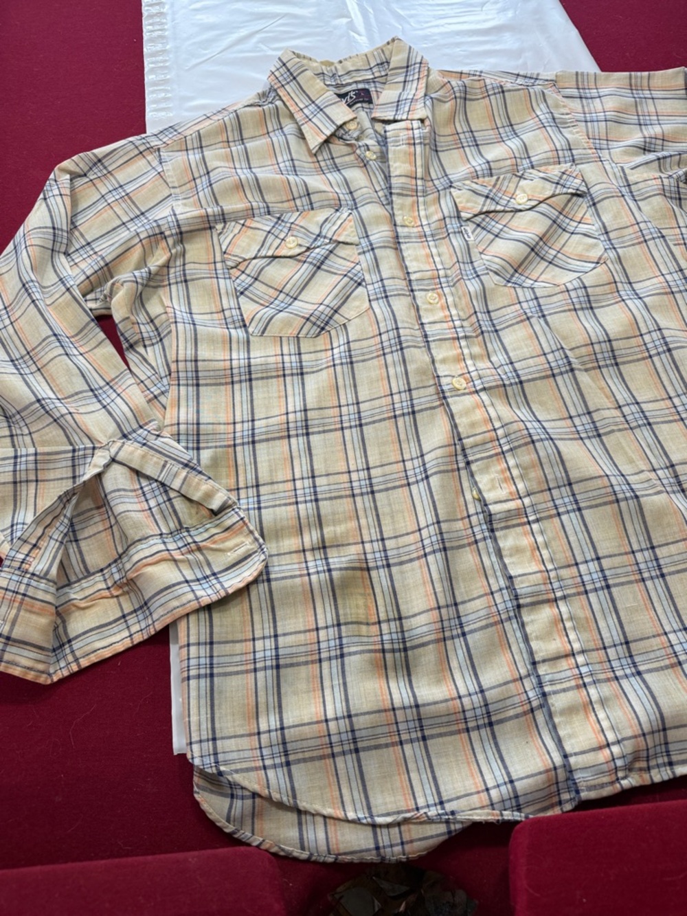 Vintage LEVI’S beige blue orange plaid button shirt pockets light weight mens Lg